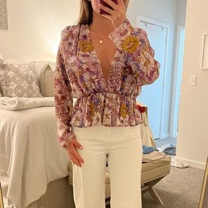 Nasty Gal Collection Floral Long Sleeve V Neckline Top